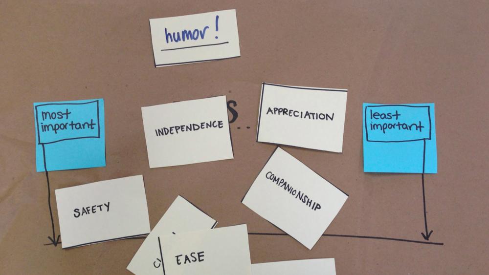  In this example, each card has a different NEED on it, but you can also use the cards to have participants rank different service components. Again, it's a good idea to leave some blank cards. The blank card, in this example, has a write-in that shows a new need for "humor!" 